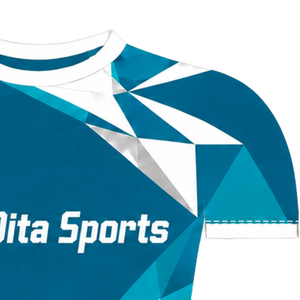 Maillot de compression athlétique à manches courtes, col ras du cou, motif géométrique, pour entraînement de performance, couleur Teal White - Product Image 3