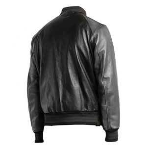 Blouson aviateur en cuir véritable noir pour homme, col montant, fermeture boutonnée, manches classiques, couleur unie, vêtement d'automne - Product Image 5