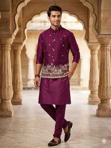 Conjunto de Kurta y Pijama de Seda para Hombre, para Fiestas, con Chaqueta Koti de Satén Malai Bordada - Product Image 3