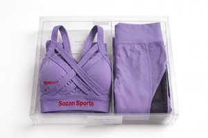 Ensemble soutien-gorge et leggings dos nageur taille haute côtelé maille unie 2 pièces Activewear séchage rapide logo avant - Product Image 3