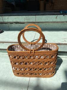 Indonesian's Best Seller Solid Color Bohemian <b>Straw</b> <b>Tote</b> <b>Bag</b> with Circular Handle Open Top Cotton Lining Summer Shopping Style - Product Image 1