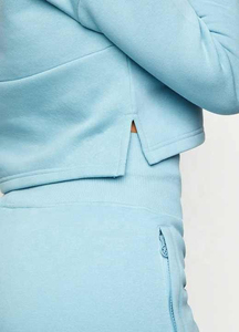 Ensemble haut court à capuche et pantalon de survêtement bleu clair pour femme, manches longues, couleur unie, vêtements décontractés, coton extensible tricoté, tenue 2 pièces - Product Image 5