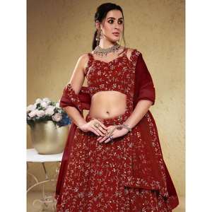 Belle Georgette Lehenga Choli à paillettes rouges avec Dupatta pour les robes de soirée - Product Image 5