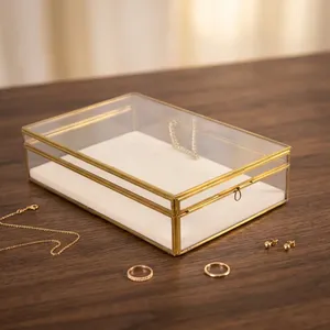 Artisan Design Glass & Brass <b>Mirror</b> Jewelry <b>Box</b> with Storage Organizer for Rings Necklaces Accessories Cosmetic Display - Product Image 2