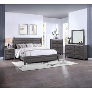 Lit à panneaux en bois de taille Queen contemporain 1 pièce Mobilier de chambre à coucher au fini gris rustique Design bicolore élégant - Product Image 5