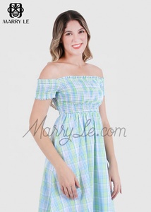 ÉPAULE VERT LIME AQUA FUMÉ ROBE EN COTON BIOLOGIQUE pour GIRL-MD15 Taille Naturelle Robe d'été décontractée Idéal pour les dates Pique-nique - Product Image 3