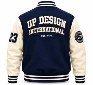Veste universitaire personnalisée bleu marine et crème, veste de baseball en laine premium avec logo brodé, vêtements streetwear OEM - Product Image 2