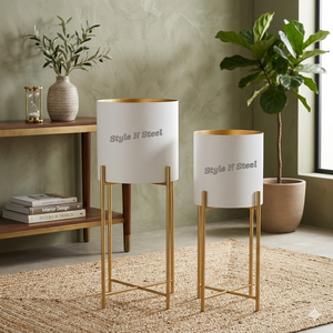 Modern Gold Plated Metal <b>Flower</b> Stands with White Cylinder Pots for Indoor Plants - Product Image 1