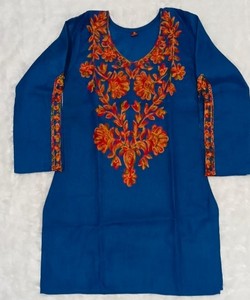 Kurta Azul de Algodón con Bordado Naranja, Blusa Informal Holgada Tradicional para Mujer, Estilo India Pakistán, BLUESTAR- BS...159- 85418 - Product Image 3