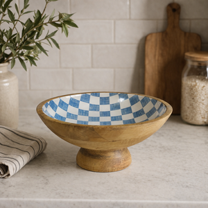 Tazón de pedestal esmaltado de madera de mango con estampado personalizado azul y blanco, juegos de vajilla ecológicos para el hogar y la cocina. - Product Image 3