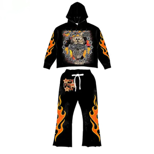 Conjunto de chándal personalizado con estampado de calavera y llamas para hombre, con capucha, manga larga, estilo urbano, conjunto de dos piezas a juego, pantalones acampanados - Product Image 2