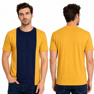 T-shirt à col rond pour homme, jaune et noir, Color Block |   Conception de panneaux verticaux |   T-shirt décontracté en coton coupe classique - Product Image 3