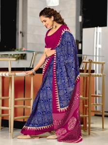 Sari en coton pur tissé à la main avec impression bloquée - Product Image 2