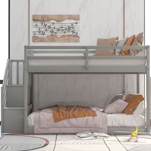 เตียงสองชั้นสีเทาแบบวางบนพื้น พร้อมบันไดและที่เก็บของสำหรับเด็ก - Product Image 2