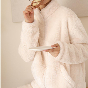 Ensemble de pyjama en polaire pour femme, manches longues, couleur unie, longueur intégrale, col montant, fermeture éclair, vêtements de nuit confortables pour l'hiver, tricot doux 100% - Product Image 2