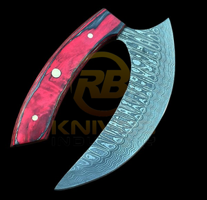 Handmade Damascus Ulu <b>Knife</b> Curved Blade Hunting Skinning <b>Knife</b> with Wooden <b>Handle</b> & Leather Sheath - Product Image 5