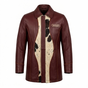 Manteau en cuir véritable bordeaux patchwork en peau de vache avec fourrure pour homme, style western vintage, vente en gros, fabricant Darkry - Product Image 1