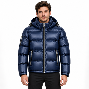 Quilted Shiny <b>Puffer</b> Jacket <b>Mens</b> Winter <b>Coat</b> <b>Long</b> Front Logo High Collar Zip Pockets Warm Outerwear Outdoor Casual Cold Weather - Product Image 5
