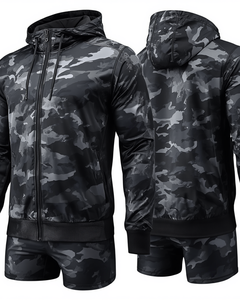 Conjunto Deportivo de Camuflaje para Hombre con Capucha, Ligero, de Poliéster, Manga Corta, Cierre de Cremallera, Bolsillos Delanteros, Estilo Veraniego - Product Image 4