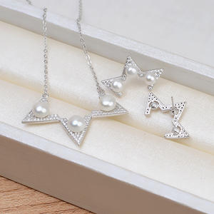 S925 Silver Female 3-Bead <b>Earrings</b> Pendant <b>Necklace</b> <b>Set</b> DIY <b>Pearl</b> Jewelry with Chain Fashion Dangle Accessory - Product Image 3