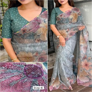 Sari de organza de tejido puro con estampado digital VASTRA COTTAGE, con un trabajo único de pitta y detalles de lentejuelas, con blusa de organza a juego. - Product Image 6