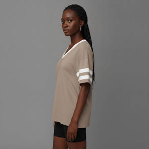 Top Trending Women's Beige V-Neck Short Sleeve T-<b>Shirt</b> With <b>Flame</b> Logo Loose Fit Casual Spring Summer Wear 100% Cotton Jersey - Product Image 5