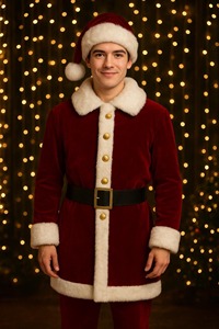 Traje de Santa Claus de Terciopelo de Lujo, Hecho a Mano, Color Rojo, con Ribete de Piel Sintética - Product Image 1