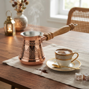 Cafetera turca de cobre grabada con motivos geométricos, Cezve, Ibrik árabe, Briki griega, calentador de leche para estufa con mango de madera con acabado ligero - Product Image 2