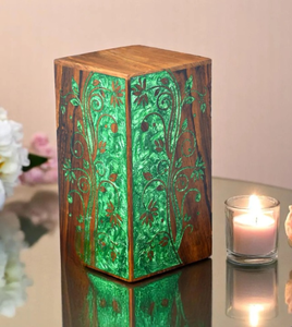 Handmade Rosewood Cremation Urn Green Floral Inlay <b>Memorial</b> <b>Box</b> for human and pets ashes - Product Image 1