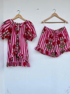<b>Women</b> Red Floral Striped Cotton Pajama Set <b>Short</b> Sleeve Button Down Ruffle Top and <b>Shorts</b> 2 Piece Summer Sleepwear <b>Lounge</b> Set - Product Image 1