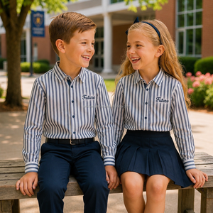 Ensemble uniforme scolaire en coton Oxford pour garçons et filles, chemise rayée, pantalon bleu marine, jupe, tenue scolaire blanche, personnalisable - Product Image 4