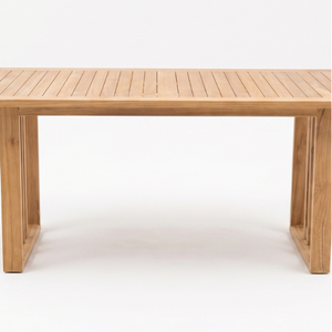 Table de salle à manger rectangulaire moderne Felcia, best-seller, pour l'extérieur, avec plateau en bois de teck naturel à lattes, pour usage hôtelier - Product Image 1