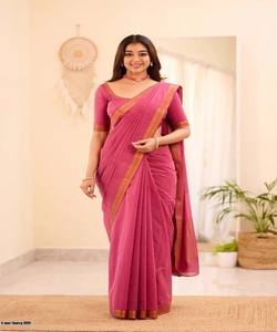 Sari de fiesta y boda de algodón liso de estilo elegante, con blusa sin coser, para uso festivo, color rosa, precio al por mayor, prenda étnica - Product Image 1