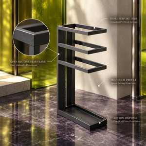 Organizador de Sombrillas Moderno de Metal Negro con Tres Niveles de Almacenamiento |   Soporte de Suelo Ahorrador de Espacio con Bandeja Recolectora de Agua para el Hogar - Product Image 3