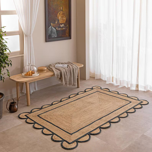 Handwoven Natural Jute <b>Rug</b> With Black Border Scalloped Edge Square Area Carpet <b>Boho</b> Floor Mat For Bedroom Living Room Decor - Product Image 2