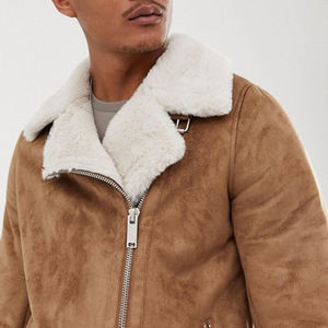 Blouson en daim pour homme avec doublure en fausse fourrure, fermeture éclair, style moto, chaud pour l'hiver, coupe régulière épaisse, col rabattable - Product Image 2