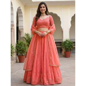 <b>Peach</b> Embroidered Georgette Festival Lehenga Choli for Women - Product Image 1