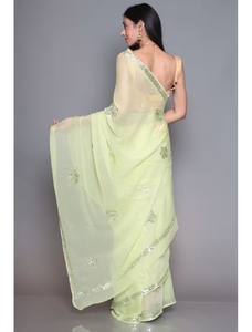 Sari KV Embellecido con Zari Jaipur Verde Claro con Blusa Sin Coser - Product Image 5