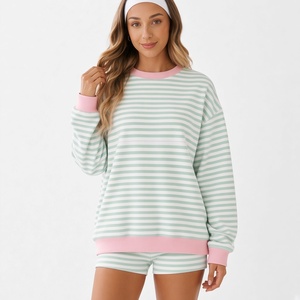 Ensemble décontracté 2 pièces en coton tricoté, pull oversize rayé à col rond et short, coupe ample, pour le printemps et l'été - Product Image 1