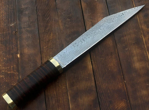 Couteau Viking Seax ambidextre vintage fait main, lame en acier Damas avec manche et fourreau en cuir - Product Image 4