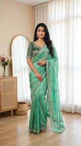 Sari de Diseño con Bordado de Loto y Blusa Preconfeccionada, Sari de Satén Suave para Fiestas, Colección de Exportación - Product Image 2