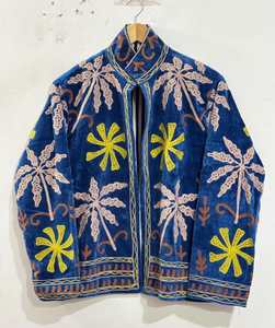 <strong>Royal</strong> <strong>Blue</strong> Velvet Cotton Suzani Embroidered <strong>Jacket</strong> <strong>Women</strong> Handmade Tropical Palm Floral Boho Ethnic Fashion Coat Wholesale - Product Image 1
