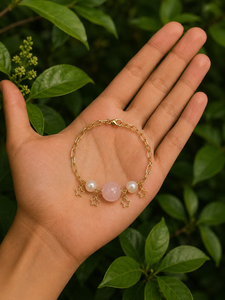 Gold Plated Charm Bracelet With Pink Stone Imitation Pearl Star Pendants Women's Fashion Jewelry - Product Image 1
