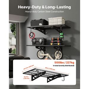 Scaffalatura a 2 livelli in acciaio resistente per garage, montaggio a parete, 2 x 4 piedi (24 x 48 pollici) per ripiano, 24 ganci, design a sospensione - Product Image 2