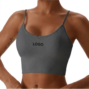 Women Ribbed Spaghetti Strap <b>Sports</b> <b>Bra</b> Scoop Neck Medium Support Breathable Solid <b>White</b> Fitness Top Front Logo - Product Image 4