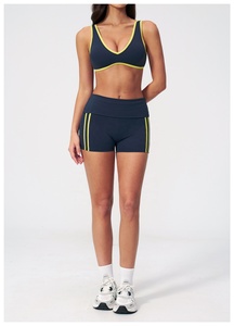 Custom 2026 Navy Blue 2 Piece Yoga Set Spaghetti Strap <b>Crop</b> <b>Top</b> High Waist Flared Pants Contrast Binding Breathable Solid Colors - Product Image 5