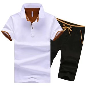 Men's Cotton <b>Polo</b> Shirt Set Solid Color Breathable Casual Summer Wear Gray <b>Orange</b> Trim Black Shorts - Product Image 6