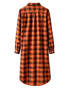 Vestido Camisero Largo a Cuadros Naranja Personalizado para Mujer, Estilo Túnica Oversize con Botones, Casual, Holgado, Manga Larga, de Franela de Algodón Suave - Product Image 2