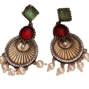 Oxidized Silver Brass Royal Radiance Two-Tone Charm <b>Earrings</b> Pear Cut Bezel Setting Green <b>Red</b> Zircon Stones Classic Women's - Product Image 6