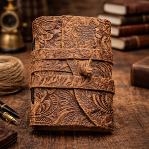 Carnet en cuir miniature fait main à motifs floraux - Carnet de poche marron vintage avec motif floral en relief et papier à bords festonnés - Product Image 2